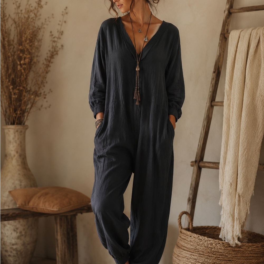 NATURAL LIFE Charcoal V-Neck Long Sleeve Jumpsuit